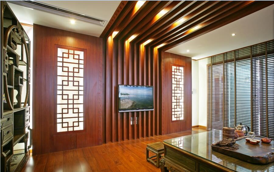 东莞中泰峰境中式客厅复古博古架百叶窗复古实木茶几效果图